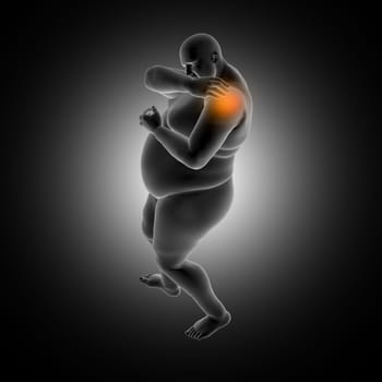 3D render of a medical background of overweight man holding shoulder in pain