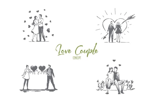 Love couple - loving romantic couple walking outdoor and hugging each other vector concept set. Hand drawn sketch isolated illustration