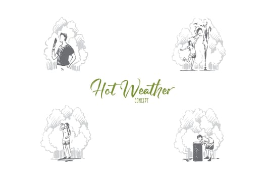 Hot weather- people eating ice cream, playing with fountain, drinking much water on summer vector concept set. Hand drawn sketch isolated illustration