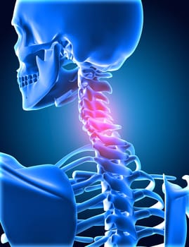 3D render of a medical background of skeletong with neck bones highlighted