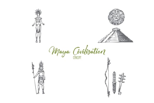 Maya civilization - Maya people, tools and pyramid vector concept set. Hand drawn sketch isolated illustration