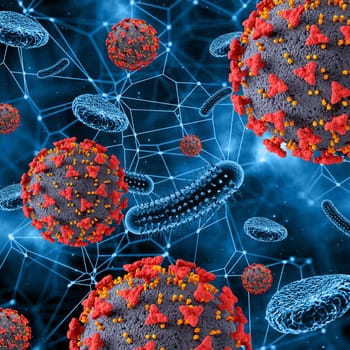 3D render of a medical background with Covid 19 virus cells