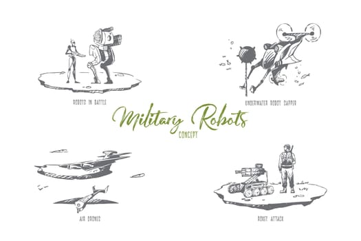 Military robots - robots in battle, underwater sapper, roket attack, air drones vector concept set. Hand drawn sketch isolated illustration