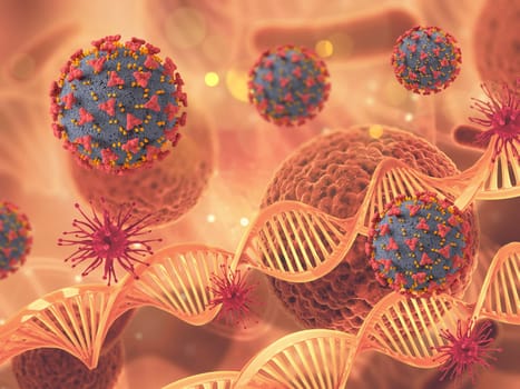 3D render of a medical background with Covid 19 virus cells and DNA strands