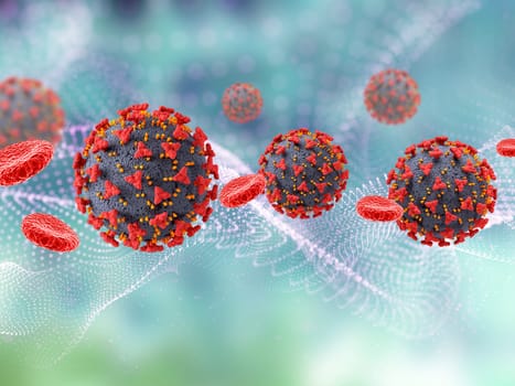 3D render of a medical background with Covid 19 virus cells and blood cells