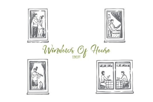 Windows of house - people dancing, reading, playing music, eating in windows of their flats vector concept set. Hand drawn sketch isolated illustration