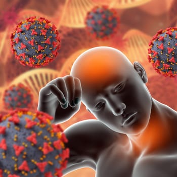 3D render of a medical background with Covid 19 virus cells and male figure with fever and sore throat