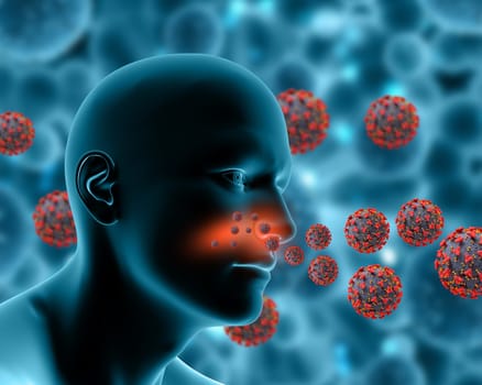 3D render of a medical background showing Covid 19 virus cells infecting male figure