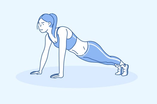 Sport Concept of a Young Beautiful Sport Woman Doing Plank. Strong Athletic girl performs Pushups or Fitness exercises on Yoga home, Gym. healthy lifestyle, be fit and lose weight. Cartoon flat Design Isolated Vector illustration