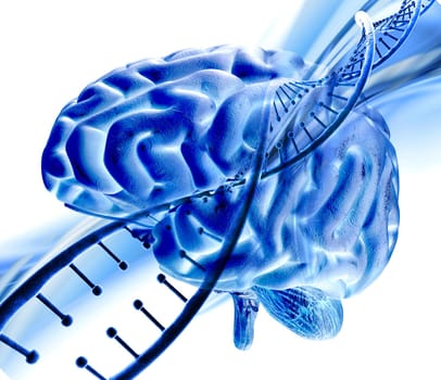 3D render of a medical background with DNA strand and human brain