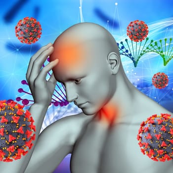 3D render of a medical background with Covid 19 virus cells and male figure with fever and sore throat
