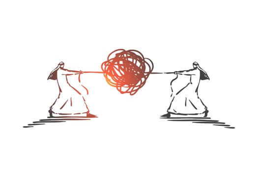 Arab men conflict, rivalry, competition concept sketch. Pulling tangled rope with knot, misunderstanding, problem metaphor, Muslim businessmen fighting for opportunities. Hand drawn isolated vector