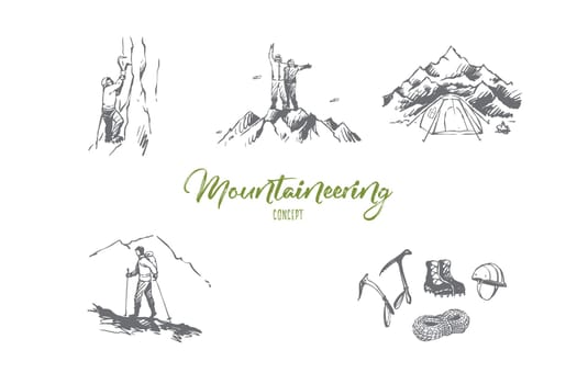 Mountaineering - sportsmen climbing mountains, camping and special equipment vector concept set. Hand drawn sketch isolated illustration