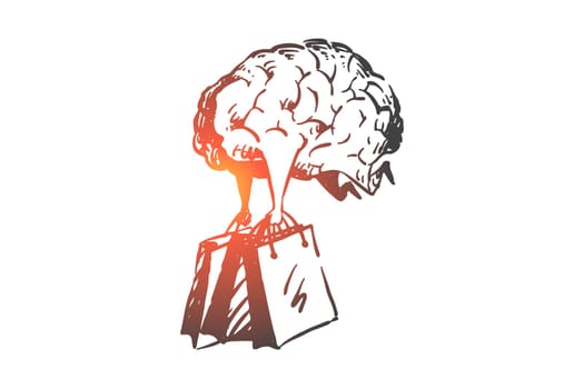 Shopping addiction, consumerism concept sketch. Purchases obsession, shopaholic, modern psychological problem creative metaphor, shop customer, shopper brain carrying bags. Hand drawn isolated vector