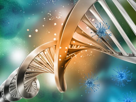 3D render of a medical background with DNA strand and virus cells