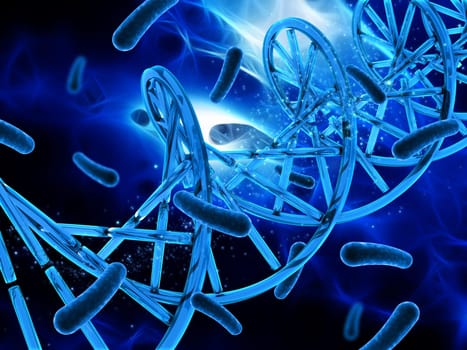 3D render of a medical background with DNA strand and virus cells