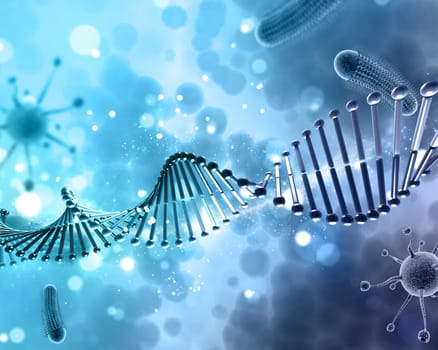 3D render of a medical background with DNA strand and virus cells