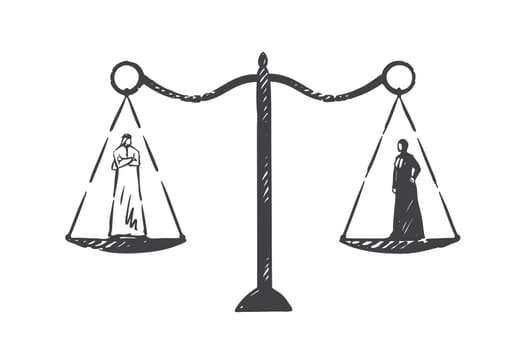 Muslim world gender equality concept sketch. Arab man and woman on scales having equal weight, Arabian girls empowerment, feminist activist movement metaphor. Hand drawn isolated vector