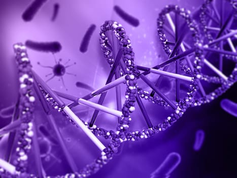 3D render of a medical background with DNA strand and virus cells