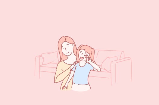 Concept Happy Family, Love, Parent and Child Relationship. Mother and child Daughter playing having fun together. Beautiful funny girl and mommy fun. Mothers day holiday. Cartoon flat Design Isolated Vector illustration