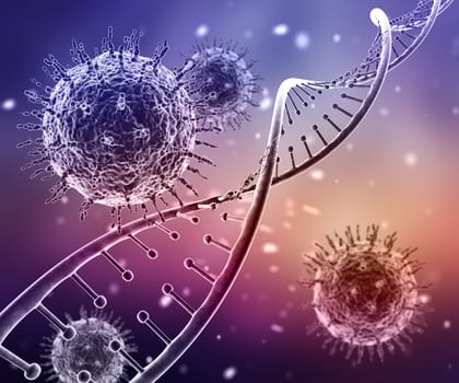 3D render of a medical background with DNA strand and virus cells