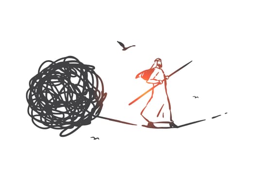 Problem solving, psychotherapy concept sketch. Crisis management, psychological therapy metaphor, arab businessman balancing on rope, muslim man walking away from problem. Hand drawn isolated vector