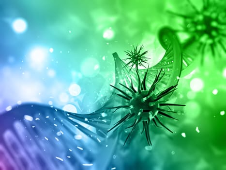3D render of a medical background with DNA strand and virus cells