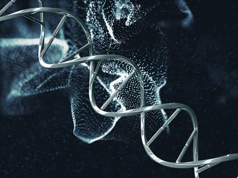 3D render of a medical background with DNA strand on particle design
