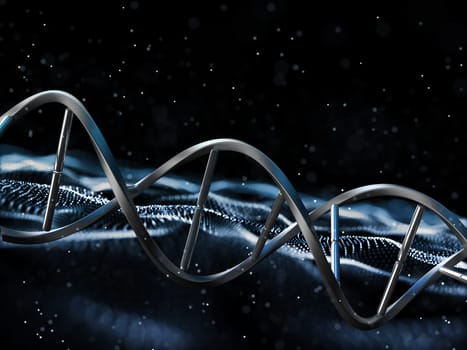 3D render of a medical background with DNA strand on particles design
