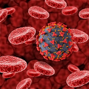 3D render of a medical background with Covid 19 cells and blood cells