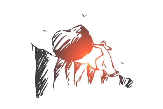Business challenge, hard work concept sketch. Ambitious Arab man pushing huge stone to mountain top, Muslim businessman overcoming difficulties, Sisyphus work metaphor. Hand drawn isolated vector