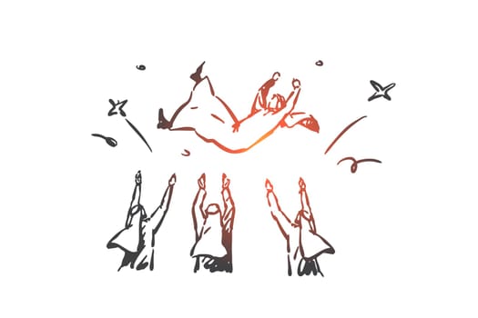 Celebrating victory, praising winner concept sketch. Muslim men throwing partner, colleague up, showing respect, fascination, Arab businessmen happy with goal achievement. Hand drawn isolated vector