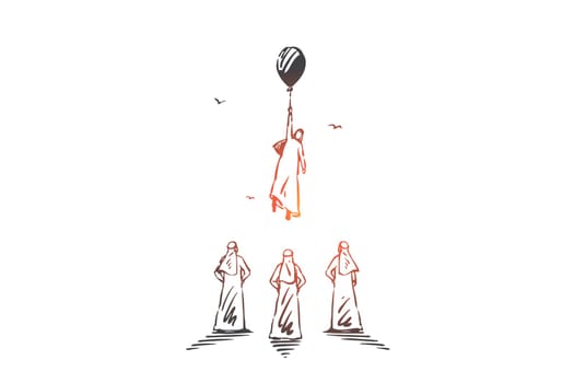 Leadership, ambitions, aspirations concept sketch. Business success achievement, career, personal growth metaphor, arab businessman, muslim man flying up on balloon. Hand drawn isolated vector