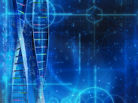 3D render of a medical background with DNA strands and code