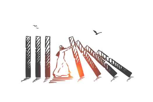 Preventing destruction and chaos, maintaining stability concept sketch. Arab businessman stopping domino effect, Muslim man protecting traditional values metaphor. Hand drawn isolated vector