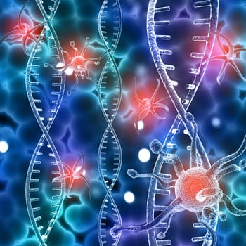 3D render of a medical background with DNA strands and abstract virus cells