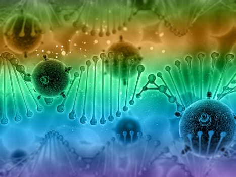3D render of a medical background with DNA strands and virus cells