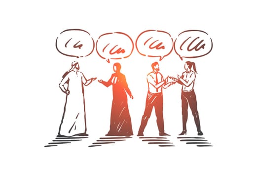 Communication, interaction, teamwork concept sketch. Muslim man talking to Arab woman in hijab, businessman discussing partnership, coworking plans with colleague. Hand drawn isolated vector