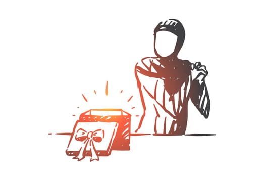 Muslim woman happy with gift box concept sketch. Arab girl receiving surprise present clapping hands with excitement, holidays gifts anticipation, positive emotions. Hand drawn isolated vector
