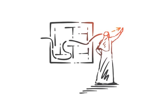Thinking outside box, generating new ideas concept sketch. Arab businessman considering business project, finding solution, creative Muslim man making breakthrough. Hand drawn isolated vector