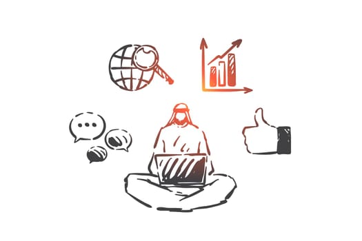 Business research, multitasking concept sketch. Internet technology, stock market trading, freelance metaphor, arab businessman, muslim analyst working with laptop. Hand drawn isolated vector