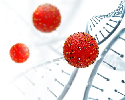 3D render of a medical background with DNA strands and virus cells