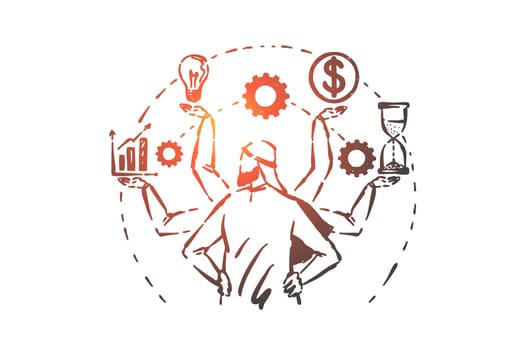 Multitasking, time management concept sketch. Many armed Arab businessman controlling company financial activity, planning profit, Shiva-like Muslim CEO launching startup. Hand drawn isolated vector