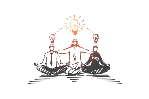 Sharing creative ideas, brainstorming concept sketch. Muslim businessman teamwork, discussing business project with partners, Arab, caucasian people coworking in startup. Hand drawn isolated vector