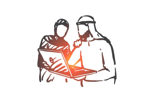 Business meeting, teamwork and cooperation concept sketch. Muslim business partners watching presentation on laptop, Arab workers, colleagues discussing project. Hand drawn isolated vector