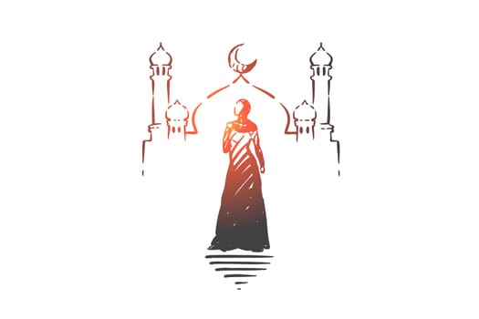 Muslim woman visiting mosque concept sketch. Religious Arab girl standing near Islamic temple minarets, female tourist in hijab looking at traditional arabian architecture. Hand drawn isolated vector