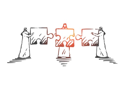 Teamwork, cooperation, coworking concept sketch. Arab businessmen, partners putting puzzle pieces together., problem solving in project management metaphor. Hand drawn isolated vector