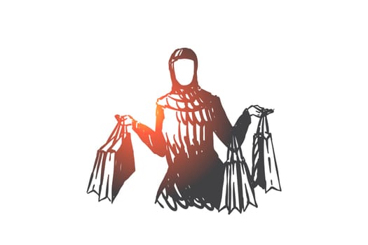 Muslim woman enjoying shopping concept sketch. Arab shopaholic holding paper bags with purchases, successful business woman spending money, happy lady visiting boutiques. Hand drawn isolated vector