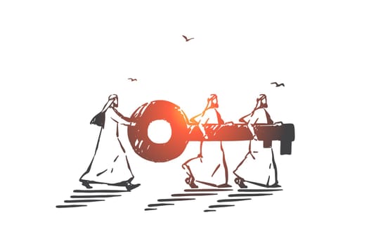 Business cooperation, coworking concept sketch. Teamwork, colleagues partnership, creative metaphor, arab people work together, muslim businessmen team carrying huge key. Hand drawn isolated vector