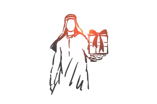 Muslim man holding gift box concept sketch. Romantic Arab boy giving present decorated with ribbon and bowknot, making birthday presents, celebrating special events. Hand drawn isolated vector